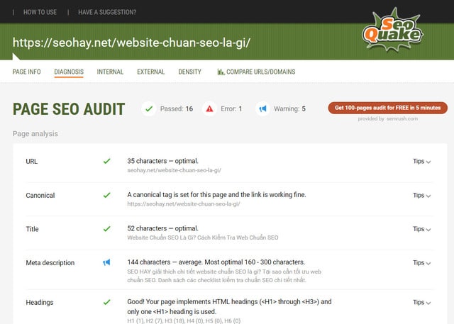 Xem danh sách tối ưu sổ xuống của SEOquake
